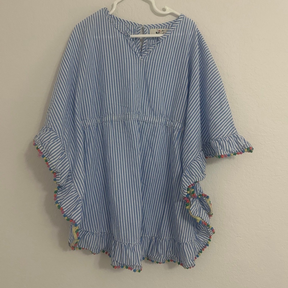 Girls Mini Boden Swim Cover Up Kaftan Blue & White Stripes Rainbow Pom Poms 5-6Y
